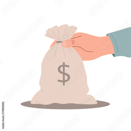 Hand holding money bag illustration, depicting wealth, financial savings, and investment strategy.