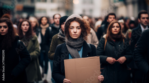 Woman holding blank placard in a crowd © tiagozr
