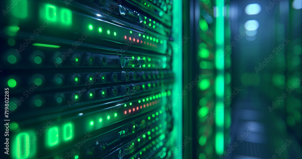 Computer servers Data Center With Multiple Rows of Fully Operational Server Racks close up.super computer concept Computer servers Data Center With Multiple Rows of Fully Operational Server Racks close up.super computer concept