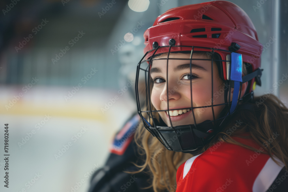 Female ice hockey player on the arena bench during a game Female ice hockey player on the arena bench during a game