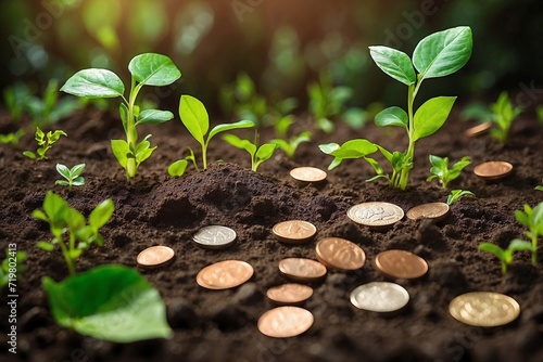 young plants in soil with coins"Harvesting Prosperity: Coins Sprout in Vibrant Garden"
