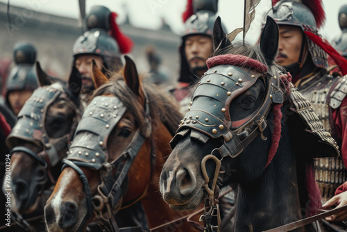Close-up Ancient Chinese soldiers rode horses to lead troops in war