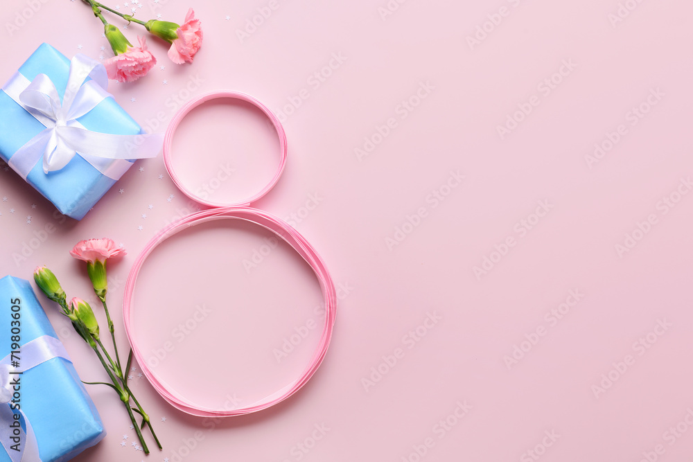 Figure 8 made of ribbon with gift boxes and beautiful flowers on pink background. International Women's Day Figure 8 made of ribbon with gift boxes and beautiful flowers on pink background. International Women's Day