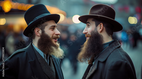 Two Jewish male wearing Reddit talking with friends at outside