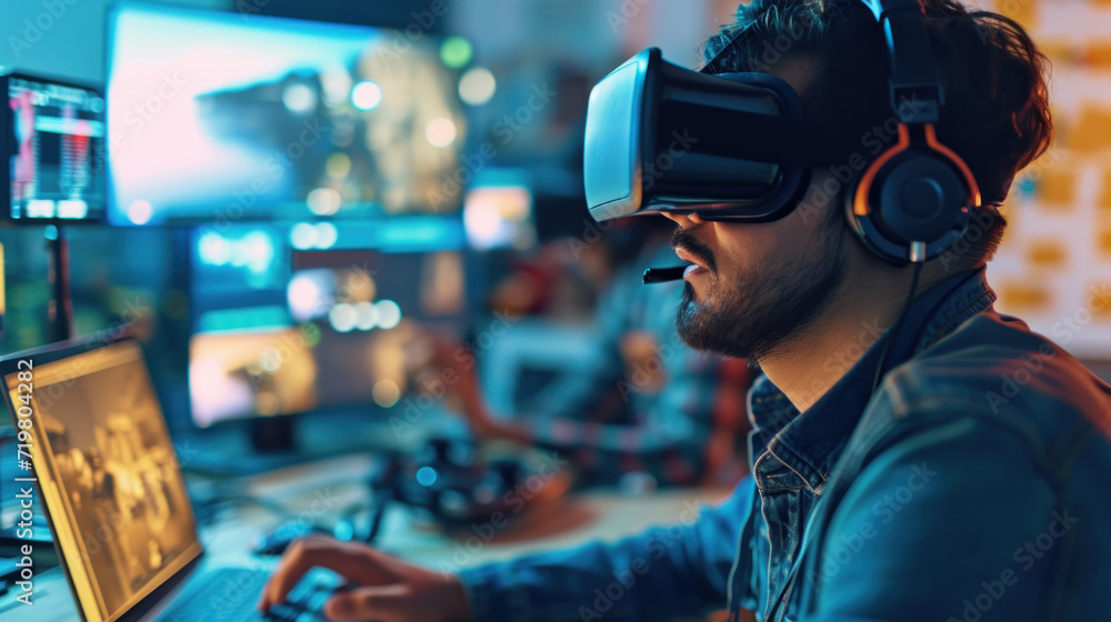 Content creators wear VR goggles to edit video footage on the laptop Content creators wear VR goggles to edit video footage on the laptop