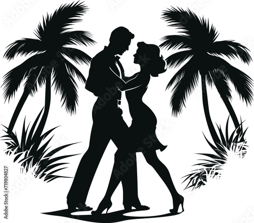 Tropical Salsa Dance Silhouette Logo with Palm Trees Backdrop