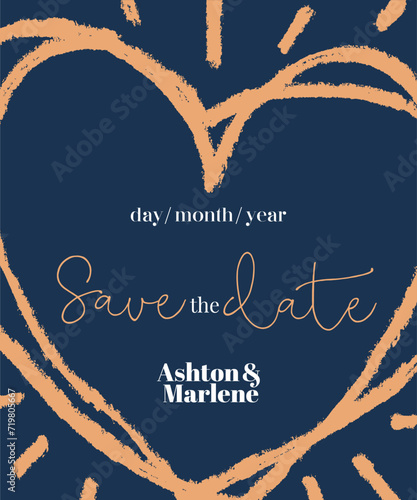 Elegant Save-The-Date Card With Hand-Drawn Golden Heart On Navy Blue Background.