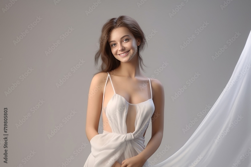 A 3D rendering of a young woman, adorned in a white dress, graces the frame with a radiant smile against a clean light gray grey white background, exuding simplicity and charm. Generative AI. A 3D rendering of a young woman, adorned in a white dress, graces the frame with a radiant smile against a clean light gray grey white background, exuding simplicity and charm. Generative AI.