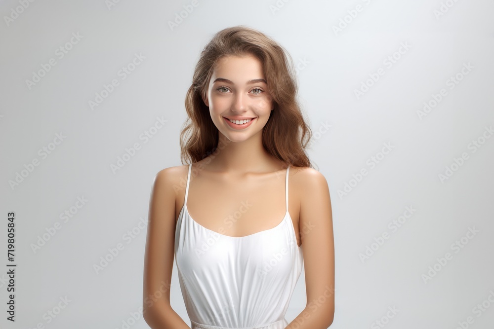 A 3D rendering of a young woman, adorned in a white dress, graces the frame with a radiant smile against a clean light gray grey white background, exuding simplicity and charm. Generative AI. A 3D rendering of a young woman, adorned in a white dress, graces the frame with a radiant smile against a clean light gray grey white background, exuding simplicity and charm. Generative AI.