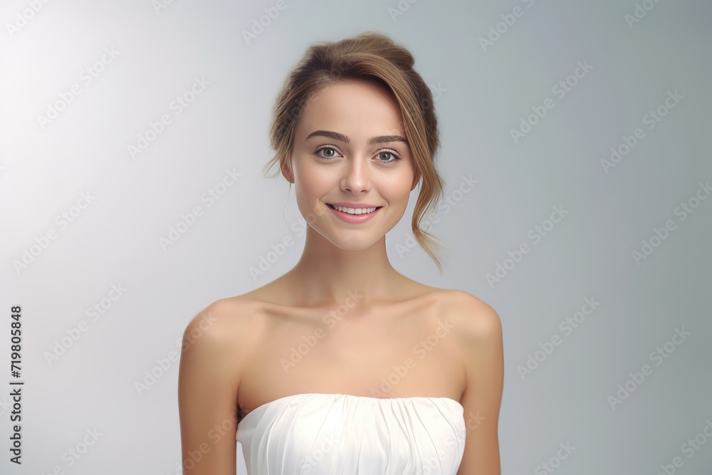 A virtual portrait comes to life with a 3D rendering of a young woman in a white dress, her smiling expression bringing a touch of warmth to the pristine gray white backdrop. Generative AI. A virtual portrait comes to life with a 3D rendering of a young woman in a white dress, her smiling expression bringing a touch of warmth to the pristine gray white backdrop. Generative AI.
