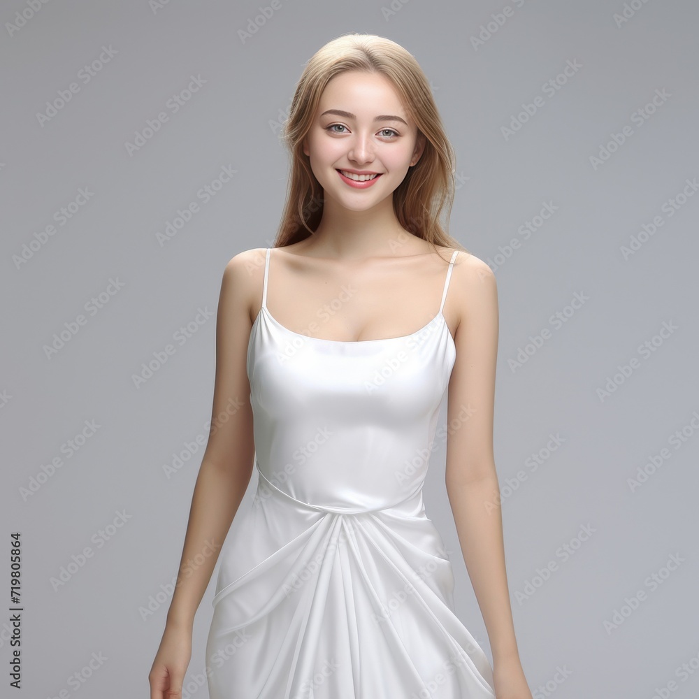 A virtual portrait comes to life with a 3D rendering of a young woman in a white dress, her smiling expression bringing a touch of warmth to the pristine gray white backdrop. Generative AI. A virtual portrait comes to life with a 3D rendering of a young woman in a white dress, her smiling expression bringing a touch of warmth to the pristine gray white backdrop. Generative AI.