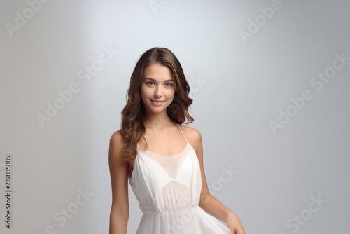 A virtual portrait comes to life with a 3D rendering of a young woman in a white dress, her smiling expression bringing a touch of warmth to the pristine gray white backdrop. Generative AI.