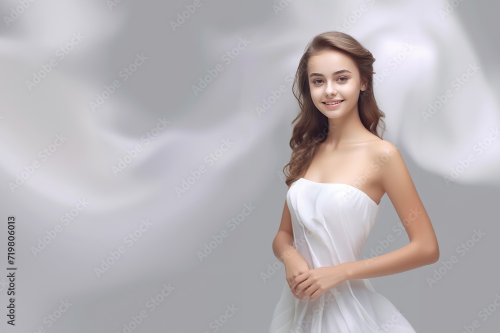 3D-rendered masterpiece, a young woman dons a white dress, her beaming smile adding a delightful touch to the composition against a pure grey canvas. Generative AI. 3D-rendered masterpiece, a young woman dons a white dress, her beaming smile adding a delightful touch to the composition against a pure grey canvas. Generative AI.
