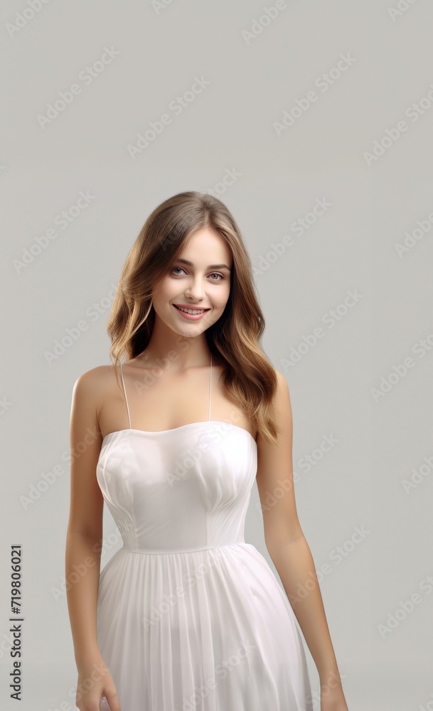3D-rendered masterpiece, a young woman dons a white dress, her beaming smile adding a delightful touch to the composition against a pure grey canvas. Generative AI. 3D-rendered masterpiece, a young woman dons a white dress, her beaming smile adding a delightful touch to the composition against a pure grey canvas. Generative AI.