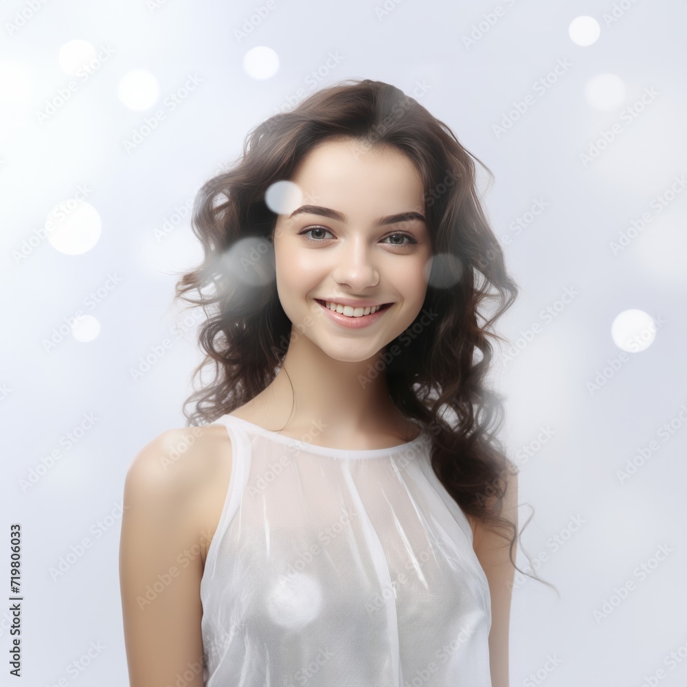 3D-rendered masterpiece, a young woman dons a white dress, her beaming smile adding a delightful touch to the composition against a pure grey canvas. Generative AI. 3D-rendered masterpiece, a young woman dons a white dress, her beaming smile adding a delightful touch to the composition against a pure grey canvas. Generative AI.