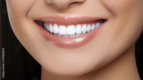 Beautiful female smile after teeth whitening procedure. Dental care  on white background