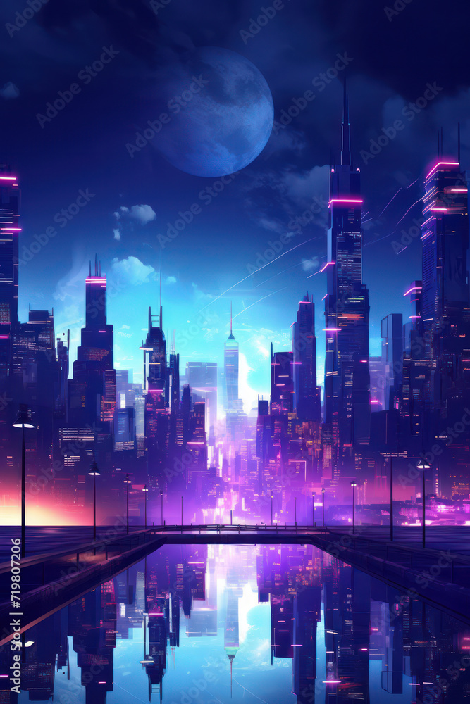 Neon Twilight: Futuristic City Skyline at Night, a Vibrant Cyberpunk Metropolis Illuminated with Blue and Purple Lights