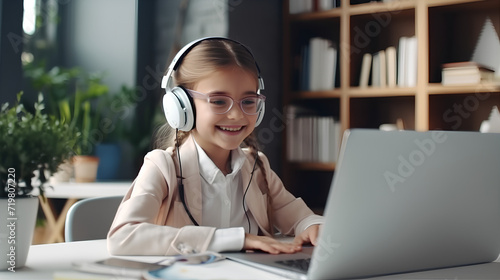Smiling little girl in headphones have video call distant class with teacher using laptop, study online on computer, homeschooling concept