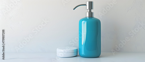 Blue Soap Dispenser Next to White Container in a Bathroom