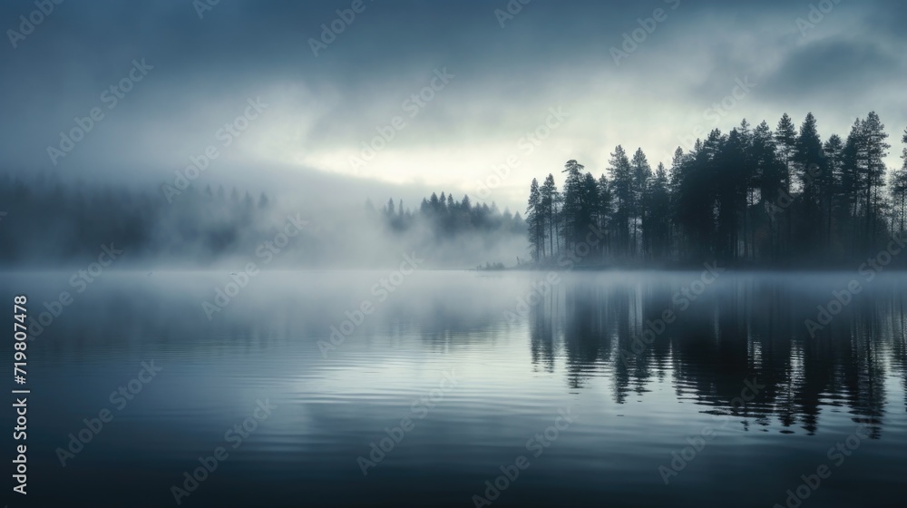 Fototapeta premium Whispers on the Water In the midst of a fog, the lake whispers secrets to the sky, reflected perfectly in its mirrorlike surface.
