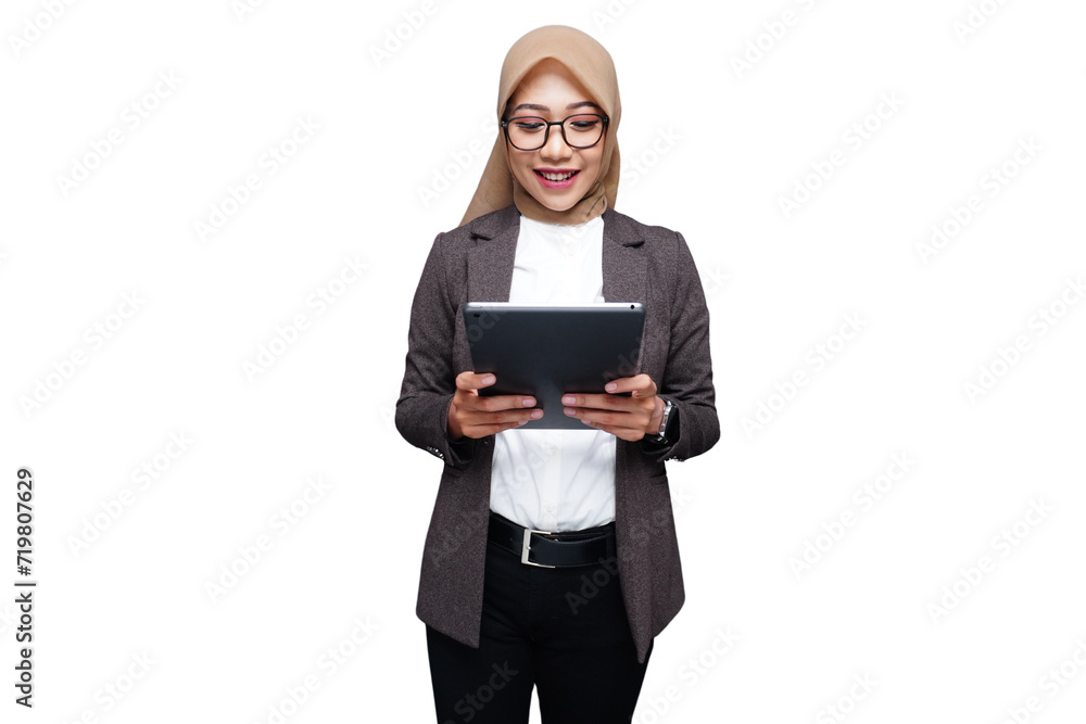 Hijab muslim business woman with tablet isolated transparent Hijab muslim business woman with tablet isolated transparent