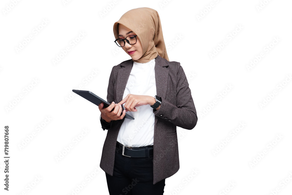 Hijab muslim business woman with tablet isolated transparent Hijab muslim business woman with tablet isolated transparent