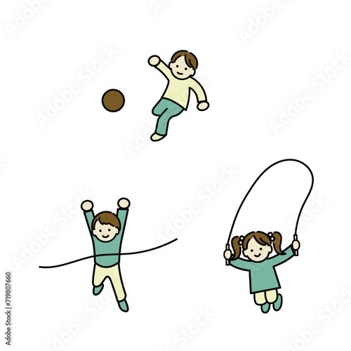 運動する元気で笑顔の子供たちのイラスト　カラー線画