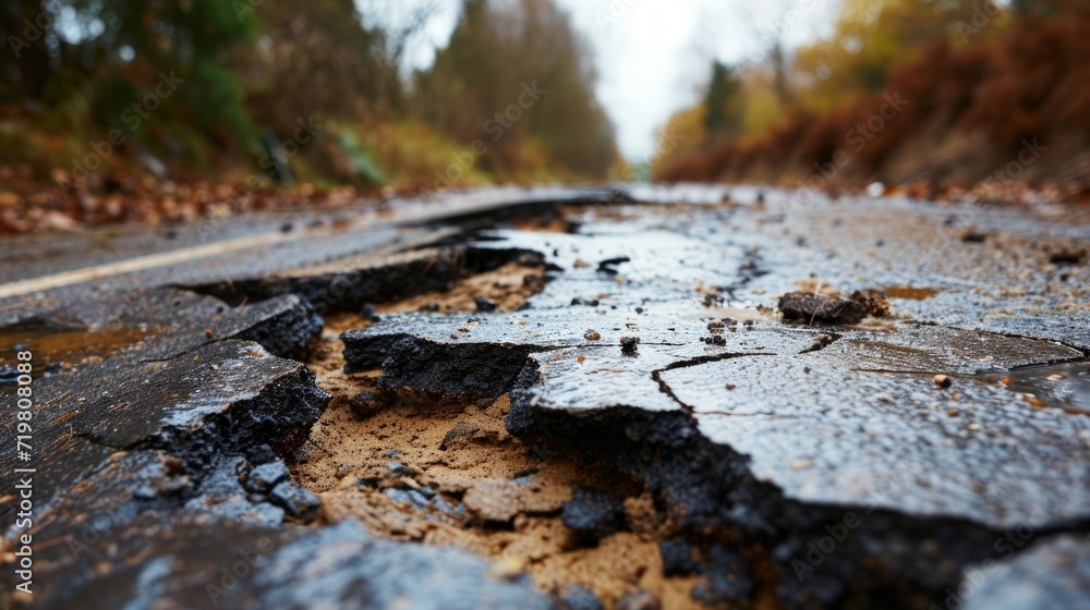 Dirty road with potholes after rain, selective focus. Dirty road with potholes after rain, selective focus.