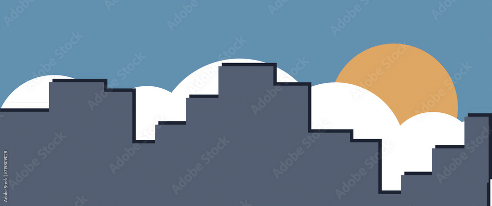 city skyline with clouds in sky with sun