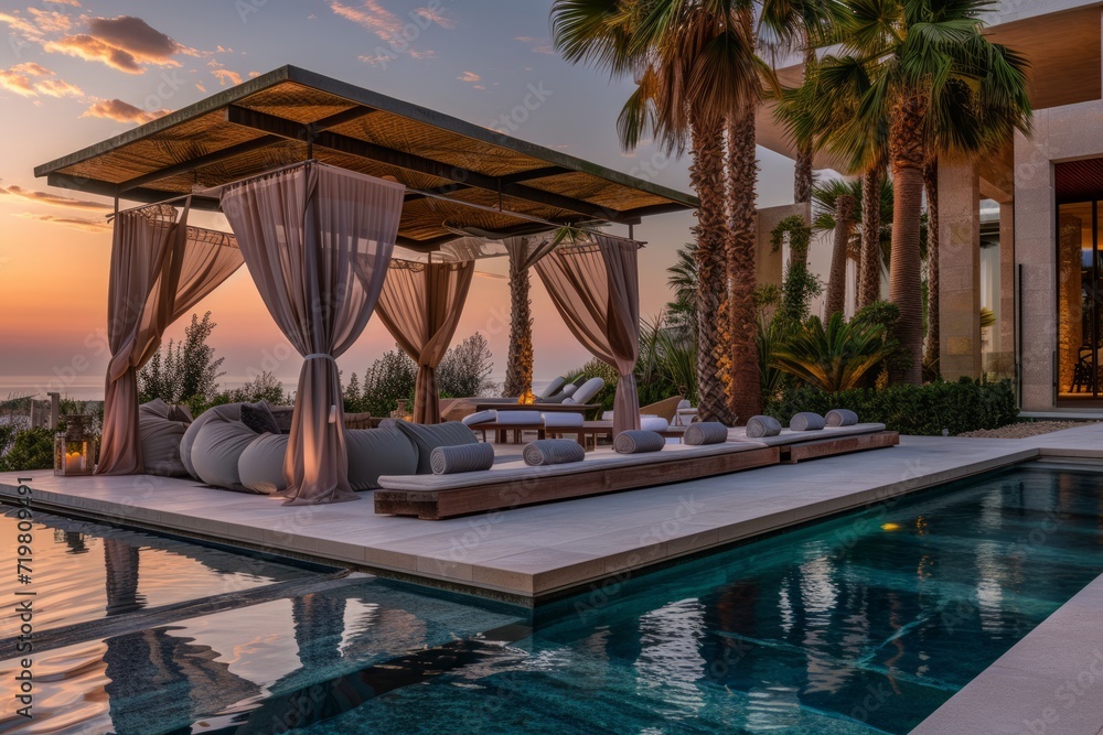 Fototapeta premium Luxury poolside lounge area at sunset