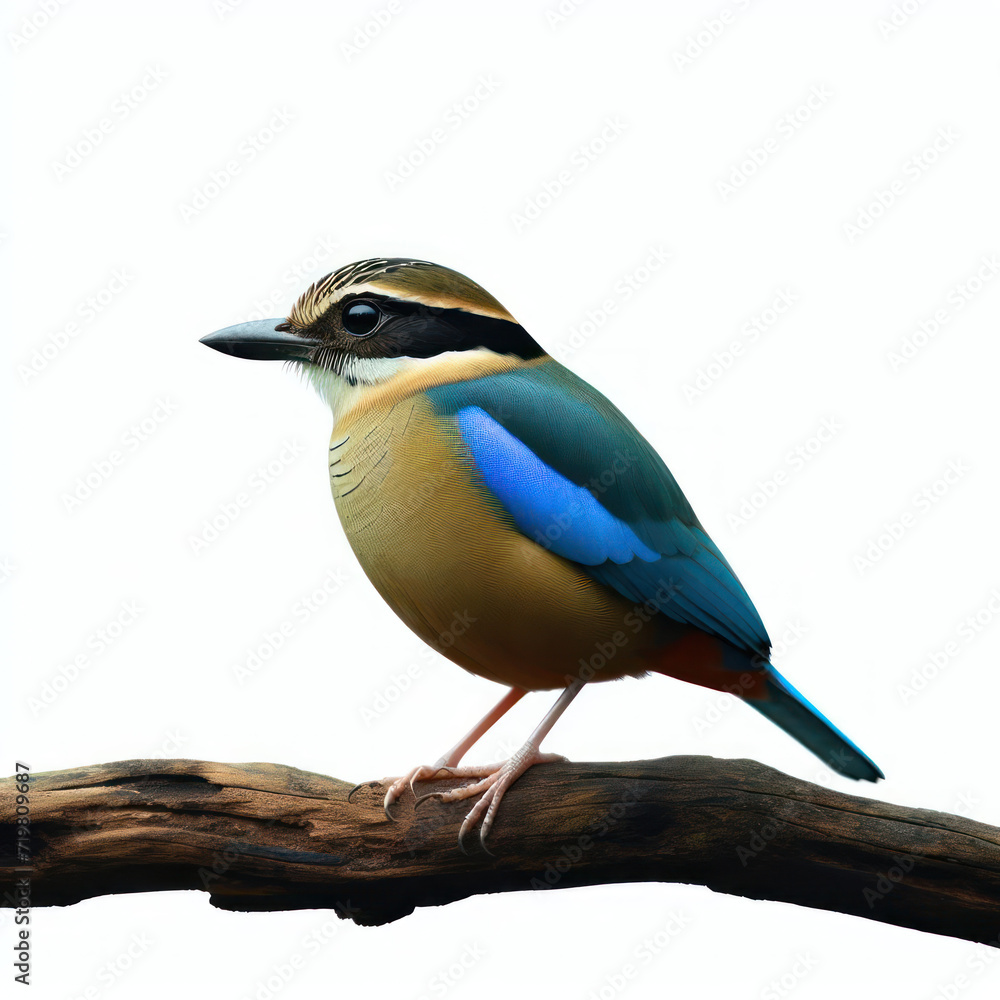 Fototapeta premium Blue-winged pitta, Pitta moluccensis, Pitta bird, Pitta de alas azules, pajaro Pitta, Голубокрылая питта, high quality portrait, isolated white background.