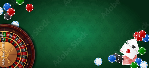 Vegas casino colorful poker chips, round roulette and ace card. Gambling addiction, risky money, huge jackpot, lucky game. Concept of playing game via real cash. Green background. Vector illustration