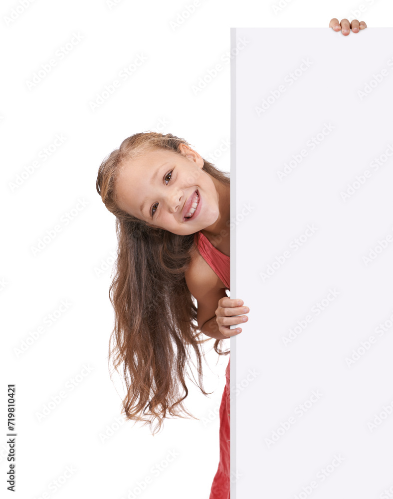 Child, portrait and placard board in studio or announcement information, billboard or white background. Female person, girl and mockup space or news poster or bulletin review opinion, sign or message Child, portrait and placard board in studio or announcement information, billboard or white background. Female person, girl and mockup space or news poster or bulletin review opinion, sign or message