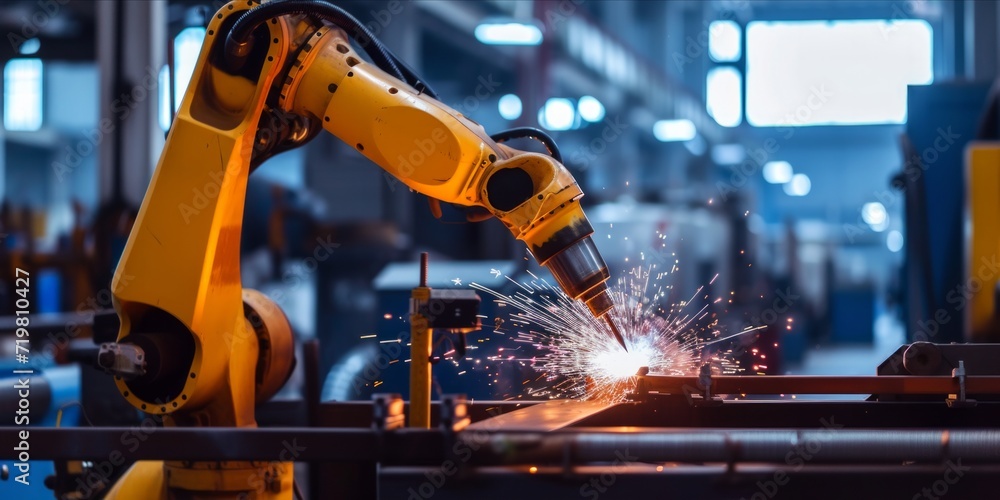 Robotic arm performing welding in factory