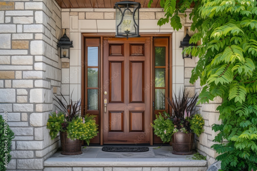 Welcoming home entrance with door and plants Welcoming home entrance with door and plants