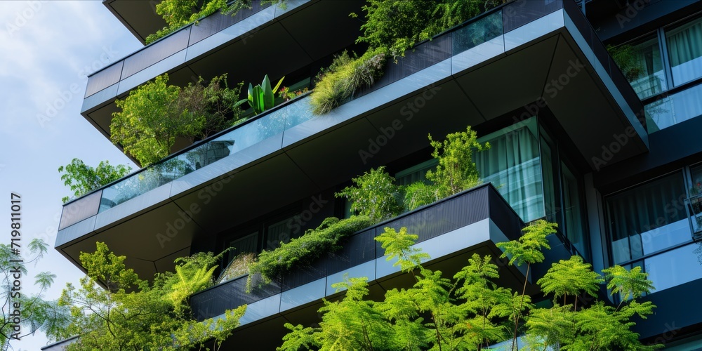 Modern building with greenery on balconies Modern building with greenery on balconies