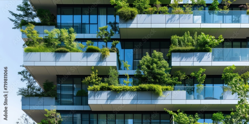 Fototapeta premium Modern building with greenery on balconies