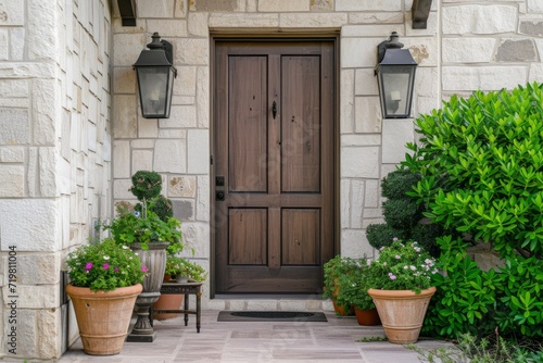 Welcoming home entrance with door and plants