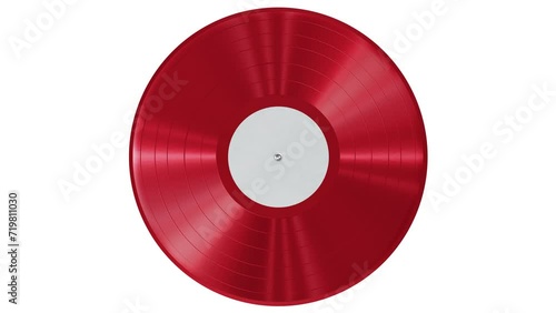 Realistic seamless looping 3D animation of the spinning single fancy red vinyl record with a blank white label rendered in UHD as motion background