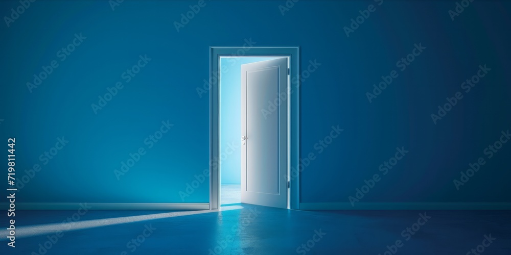 Open door with light streaming into a blue room Open door with light streaming into a blue room