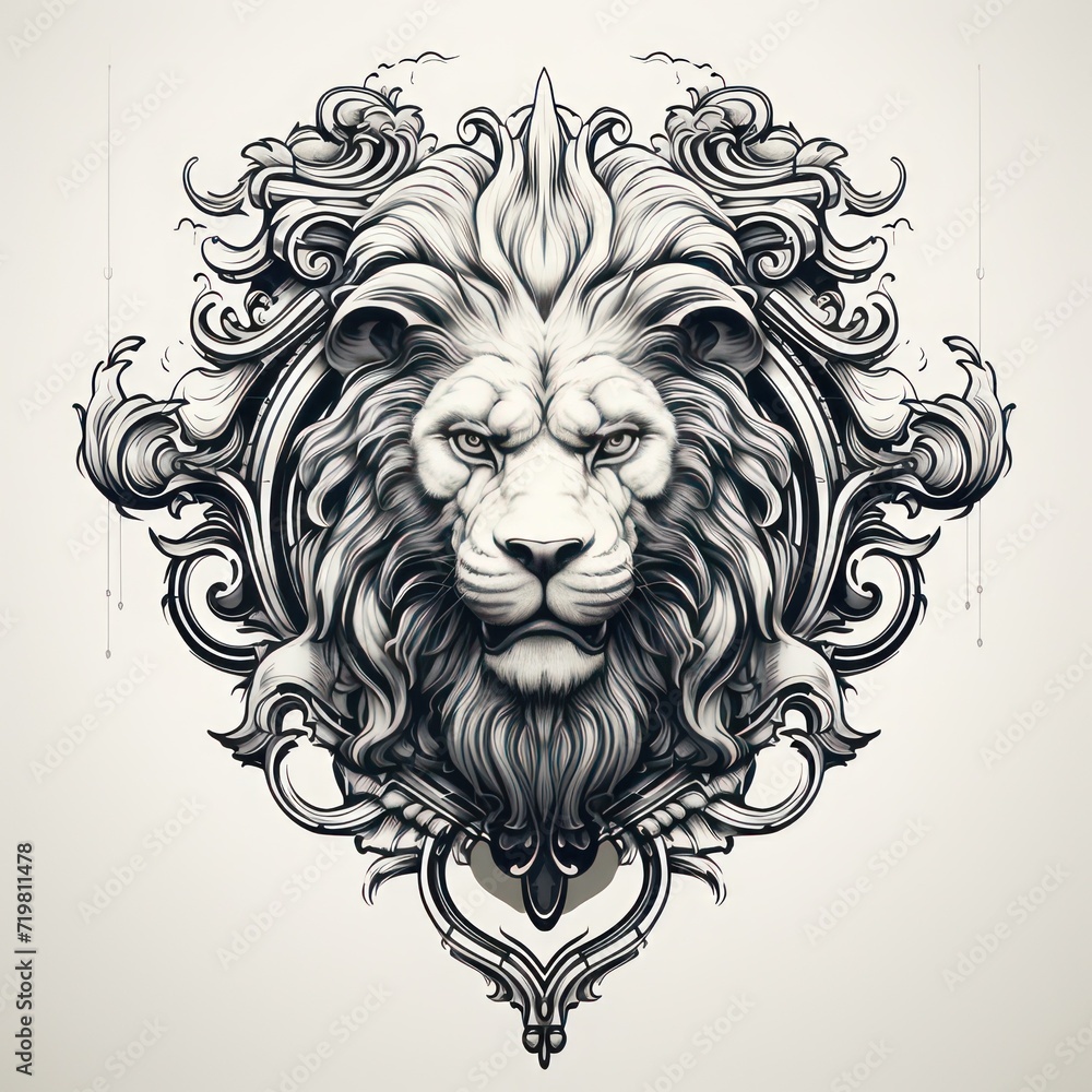 Lion king head illustration design with crown, classic baroque style.
Lion king head illustration design with crown, classic baroque style.