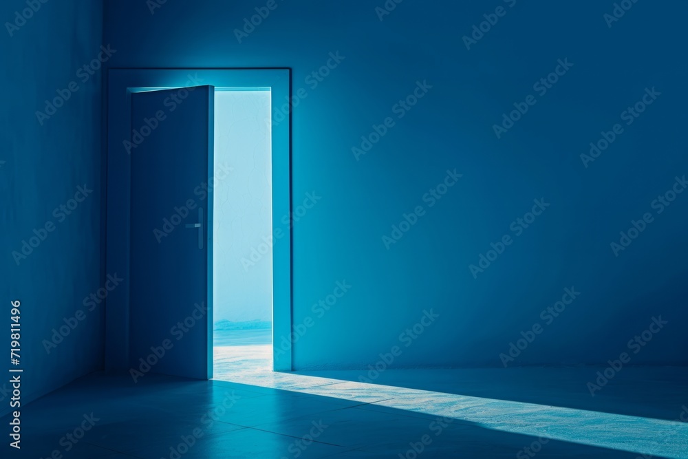 Open door with light streaming into a blue room