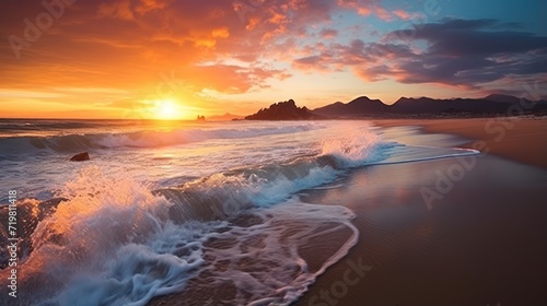 View of the beach  clean and clear wave sea  Sunset golden light sky scene.  