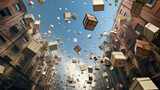Parcel boxes flying in the sky, in the style of hyper-realistic urban, candid moments captured, organized chaos, cityscape photographer, wrapped