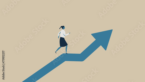 A woman runs along an upward arrow.