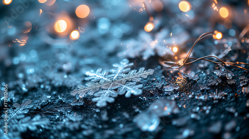 Close-up photo of a snowflakes resting on a dark surface. Winter themed concept