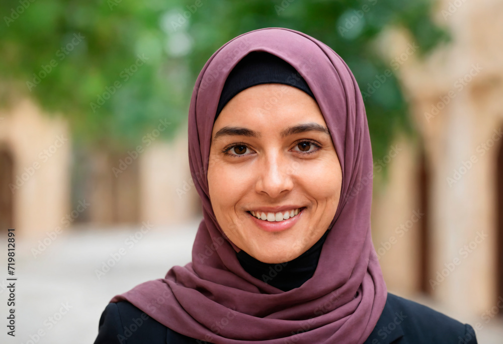 Portrait of young muslim woman with hijab smiling at camera Portrait of young muslim woman with hijab smiling at camera