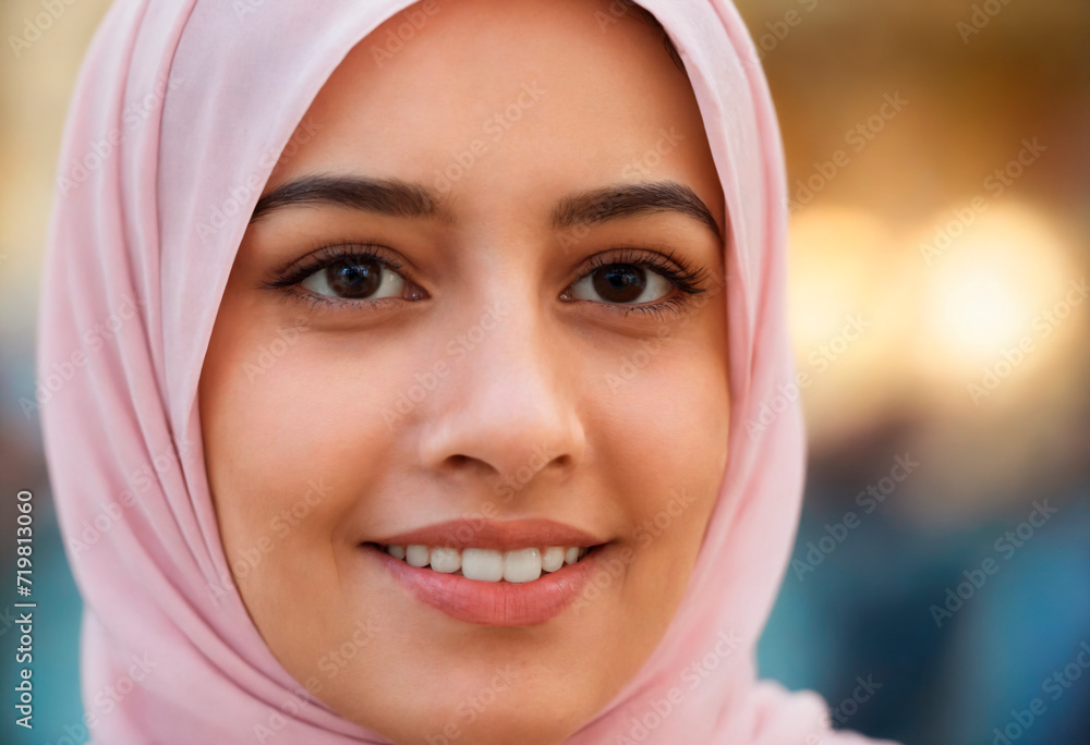 Portrait of young muslim woman with hijab smiling at camera Portrait of young muslim woman with hijab smiling at camera