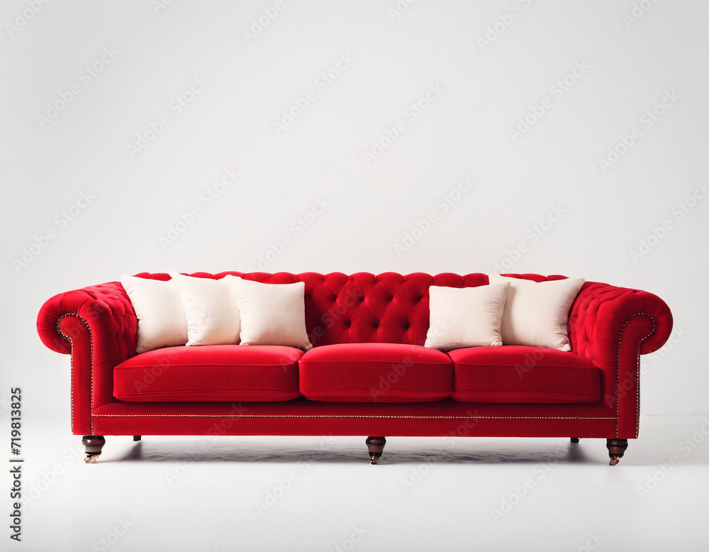 Fototapeta premium Red leather sofa in empty room. Interior design.