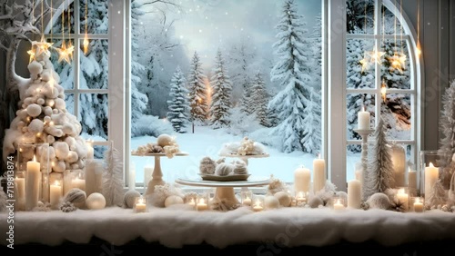 Winter Warmth: A Living Room Glowing with Candles and Snowy Trees